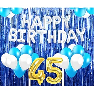 flyloons 45th birthday decoration items for girls with blue and white balloons silver happy birthday banner blue foil curtains foil balloon number 45