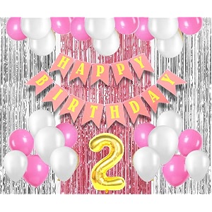 flyloons 2nd birthday decoration items for girls with pink and white balloons pink happy birthday banner pink and silver foil curtain foil balloon number 2
