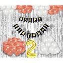 Flyloons 2nd Birthday Decoration items for Girls with Rose Gold and White Balloons, Black Happy Birthday Banner, Silver Foil Curtain, Foil Balloon number 2