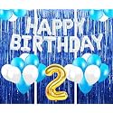 Flyloons 2nd Birthday Decoration items for Girls with Blue and White Balloons, Silver Happy Birthday Banner, Blue Foil curtains, Foil Balloon number 2