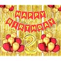 Flyloons 2nd Birthday Decoration items for Girls Boys Husband Wife Valentine with Gold and Red Balloons, Red Happy Birthday Banner, Golden Foil curtains, Foil Balloon number 2