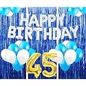 Flyloons 45th Birthday Decoration items for Girls with Blue and White Balloons, Silver Happy Birthday Banner, Blue Foil curtains, Foil Balloon number 45