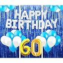 Flyloons 60th Birthday Decoration items for Girls with Blue and White Balloons, Silver Happy Birthday Banner, Blue Foil curtains, Foil Balloon number 60