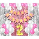 Flyloons 2nd Birthday Decoration items for Girls with Pink and White Balloons, Pink Happy Birthday Banner, Pink and Silver Foil Curtain, Foil Balloon number 2