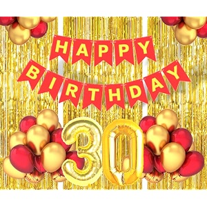 flyloons 30th birthday decoration items for girls boys husband wife valentine with gold and red balloons red happy birthday banner golden foil curtains foil balloon number 30