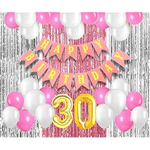 flyloons 30th birthday decoration items for girls with pink and white balloons pink happy birthday banner pink and silver foil curtain foil balloon number 30