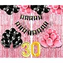 Flyloons 30th Birthday Decoration items for Girls with Black and Pink Balloons, Black Happy Birthday Banner, Pink Foil Curtain, Foil Balloon number 30