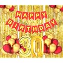 Flyloons 30th Birthday Decoration items for Girls Boys Husband Wife Valentine with Gold and Red Balloons, Red Happy Birthday Banner, Golden Foil curtains, Foil Balloon number 30
