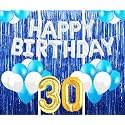 Flyloons 30th Birthday Decoration items for Girls with Blue and White Balloons, Silver Happy Birthday Banner, Blue Foil curtains, Foil Balloon number 30