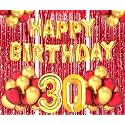 Flyloons 30th Birthday Decoration items for Girls Boys Husband Wife Valentine with Gold and Red Balloons, Golden Happy Birthday Banner, Red Foil curtains, Foil Balloon number 30