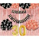 Flyloons 30th Birthday Decoration items for Girls with Black and Rose Gold Balloons, Black Happy Birthday Banner, Rose Gold Foil Curtain, Foil Balloon number 30