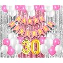 Flyloons 30th Birthday Decoration items for Girls with Pink and White Balloons, Pink Happy Birthday Banner, Pink and Silver Foil Curtain, Foil Balloon number 30