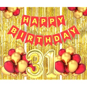 flyloons 31st birthday decoration items for girls boys husband wife valentine with gold and red balloons red happy birthday banner golden foil curtains foil balloon number 31
