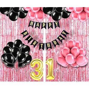 flyloons 31st birthday decoration items for girls with black and pink balloons black happy birthday banner pink foil curtain foil balloon number 31