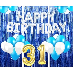 flyloons 31st birthday decoration items for girls with blue and white balloons silver happy birthday banner blue foil curtains foil balloon number 31