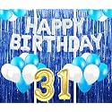 Flyloons 31st Birthday Decoration items for Girls with Blue and White Balloons, Silver Happy Birthday Banner, Blue Foil curtains, Foil Balloon number 31