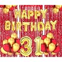 Flyloons 31st Birthday Decoration items for Girls Boys Husband Wife Valentine with Gold and Red Balloons, Golden Happy Birthday Banner, Red Foil curtains, Foil Balloon number 31