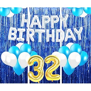 flyloons 32nd birthday decoration items for girls with blue and white balloons silver happy birthday banner blue foil curtains foil balloon number 32