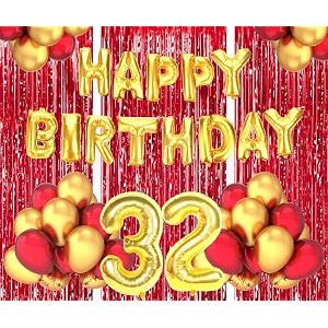 flyloons 32nd birthday decoration items for girls boys husband wife valentine with gold and red balloons golden happy birthday banner red foil curtains foil balloon number 32