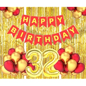 flyloons 32nd birthday decoration items for girls boys husband wife valentine with gold and red balloons red happy birthday banner golden foil curtains foil balloon number 32