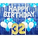 Flyloons 32nd Birthday Decoration items for Girls with Blue and White Balloons, Silver Happy Birthday Banner, Blue Foil curtains, Foil Balloon number 32
