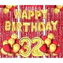 Flyloons 32nd Birthday Decoration items for Girls Boys Husband Wife Valentine with Gold and Red Balloons, Golden Happy Birthday Banner, Red Foil curtains, Foil Balloon number 32