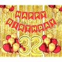 Flyloons 32nd Birthday Decoration items for Girls Boys Husband Wife Valentine with Gold and Red Balloons, Red Happy Birthday Banner, Golden Foil curtains, Foil Balloon number 32