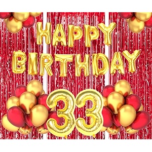 flyloons 33rd birthday decoration items for girls boys husband wife valentine with gold and red balloons golden happy birthday banner red foil curtains foil balloon number 33