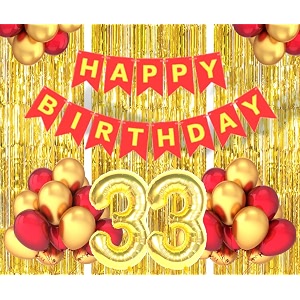 flyloons 33rd birthday decoration items for girls boys husband wife valentine with gold and red balloons red happy birthday banner golden foil curtains foil balloon number 33