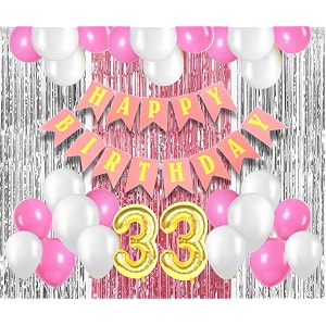 flyloons 33rd birthday decoration items for girls with pink and white balloons pink happy birthday banner pink and silver foil curtain foil balloon number 33