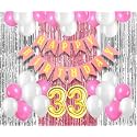 Flyloons 33rd Birthday Decoration items for Girls with Pink and White Balloons, Pink Happy Birthday Banner, Pink and Silver Foil Curtain, Foil Balloon number 33