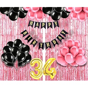flyloons 34th birthday decoration items for girls with black and pink balloons black happy birthday banner pink foil curtain foil balloon number 34