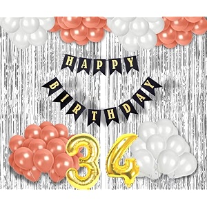 flyloons 34th birthday decoration items for girls with rose gold and white balloons black happy birthday banner silver foil curtain foil balloon number 34