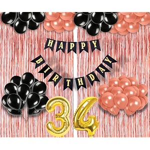 flyloons 34th birthday decoration items for girls with black and rose gold balloons black happy birthday banner rose gold foil curtain foil balloon number 34