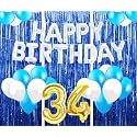 Flyloons 34th Birthday Decoration items for Girls with Blue and White Balloons, Silver Happy Birthday Banner, Blue Foil curtains, Foil Balloon number 34