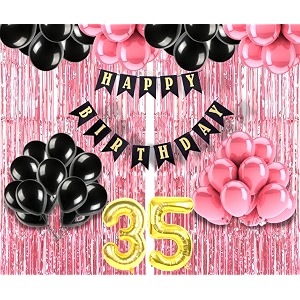 flyloons 35th birthday decoration items for girls with black and pink balloons black happy birthday banner pink foil curtain foil balloon number 35