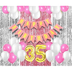 flyloons 35th birthday decoration items for girls with pink and white balloons pink happy birthday banner pink and silver foil curtain foil balloon number 35