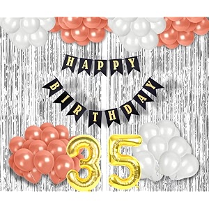 flyloons 35th birthday decoration items for girls with rose gold and white balloons black happy birthday banner silver foil curtain foil balloon number 35