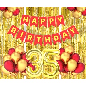 flyloons 35th birthday decoration items for girls boys husband wife valentine with gold and red balloons red happy birthday banner golden foil curtains foil balloon number 35