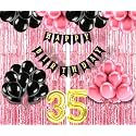 Flyloons 35th Birthday Decoration items for Girls with Black and Pink Balloons, Black Happy Birthday Banner, Pink Foil Curtain, Foil Balloon number 35