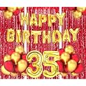 Flyloons 35th Birthday Decoration items for Girls Boys Husband Wife Valentine with Gold and Red Balloons, Golden Happy Birthday Banner, Red Foil curtains, Foil Balloon number 35