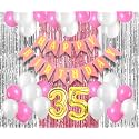 Flyloons 35th Birthday Decoration items for Girls with Pink and White Balloons, Pink Happy Birthday Banner, Pink and Silver Foil Curtain, Foil Balloon number 35