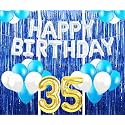 Flyloons 35th Birthday Decoration items for Girls with Blue and White Balloons, Silver Happy Birthday Banner, Blue Foil curtains, Foil Balloon number 35