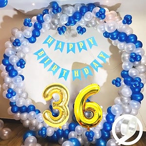 flyloons 36th birthday decoration items for boys with blue silver and white balloons blue happy birthday banner arch tape foil balloon number 36