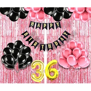 flyloons 36th birthday decoration items for girls with black and pink balloons black happy birthday banner pink foil curtain foil balloon number 36