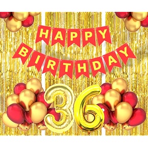 flyloons 36th birthday decoration items for girls boys husband wife valentine with gold and red balloons red happy birthday banner golden foil curtains foil balloon number 36