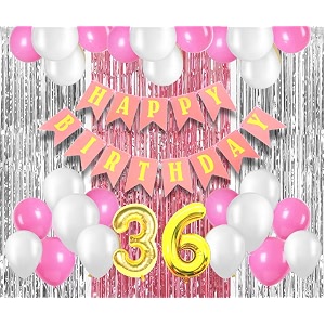 flyloons 36th birthday decoration items for girls with pink and white balloons pink happy birthday banner pink and silver foil curtain foil balloon number 36