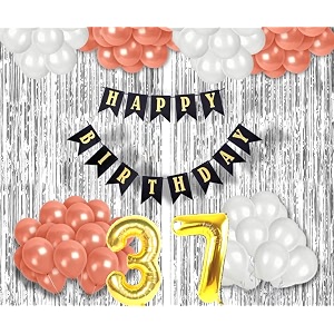 flyloons 37th birthday decoration items for girls with rose gold and white balloons black happy birthday banner silver foil curtain foil balloon number 37