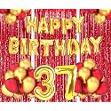 Flyloons 37th Birthday Decoration items for Girls Boys Husband Wife Valentine with Gold and Red Balloons, Golden Happy Birthday Banner, Red Foil curtains, Foil Balloon number 37