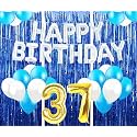 Flyloons 37th Birthday Decoration items for Girls with Blue and White Balloons, Silver Happy Birthday Banner, Blue Foil curtains, Foil Balloon number 37